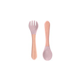 A set of ergonomic silicone kids cutlery featuring a pink fork and spoon with wooden handles.