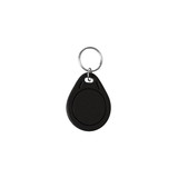 A black NFC keytag with a keyring attached, featuring a circular, smooth surface.