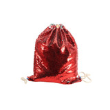A shiny red sequin drawstring bag with a cinched top and decorative ties, featuring a logo.