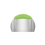 A flour cutter with a stainless steel blade and a green ergonomic handle, featuring measurement markings.