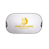 A light-blocking car sun shade in white with a yellow logo and outline. Features an oval shape with side handles.