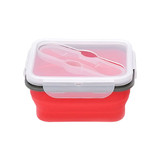 A reusable silicone food storage container in red with a clear lid and grey lock.