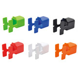A set of cable organisers in green, blue, black, white, orange, and red for tidy cable management.