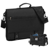 A black briefcase with a handle and adjustable strap, featuring multiple compartments and a logo.
