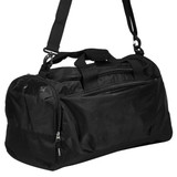 A black duffle bag with a shoulder strap and handles, featuring multiple zippered compartments and a logo.