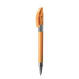 An orange metal pen with a chrome tip and a clip at the top. It features a logo on the barrel.