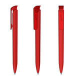 A red plastic pen featured from three angles, with a clip and a logo on its body.