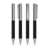 A set of metallic pens featuring a sleek black carbon grip and shiny chrome accents, arranged in a row.