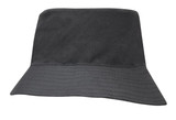 A breathable poly twill child's bucket hat in black, featuring a wide brim and a simple design.