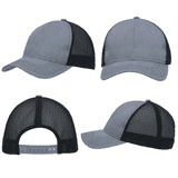 A grey cap with brushed poly cotton front and honeycomb mesh sides, featuring an adjustable strap at the back and a logo.