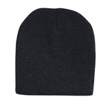 A rolled down acrylic beanie in dark grey, showcasing a smooth, knitted texture. The beanie features a logo at the base.