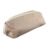 A neutral beige pencil case with a zip closure, featuring a simple design and a subtle texture.