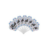 A seven-piece plastic hand fan featuring a colourful floral design and a logo. The fan has a white handle.