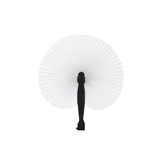 A peach-shaped plastic paper fan with a black handle, featuring a pleated design in white.