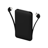 A black 5000mAh slim power bank with an integrated charging cable on both ends and a subtle logo.