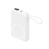 A white 10,000mAh magnetic wireless power bank with a charging cable and a small strap. It features a logo.
