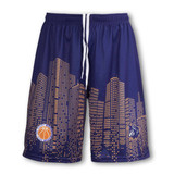 Custom men's basketball shorts in navy, featuring a city skyline design and a basketball logo. It has a waistband with a drawstring.