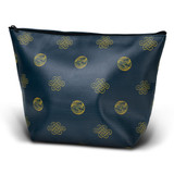 A medium cosmetic bag in dark blue with a gold pattern, featuring a zip closure and an interior compartment.