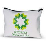 A small white cosmetic bag with a floral design in shades of green and a logo on the front.