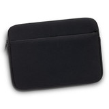 A black laptop sleeve with a zip closure and an additional front pocket, including a logo.
