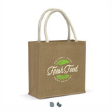 A jute tote bag in light brown with natural-looking handles, featuring a logo and green leaf elements.