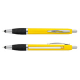 A yellow plastic pen with a black grip and chrome accents, featuring a logo. Two pens are displayed, one on top of the other.