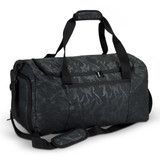 A black and dark grey camouflaged duffle bag with dual handles and an adjustable shoulder strap.