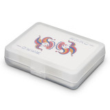 A gift case containing a deck of playing cards with colourful joker designs on a white surface.
