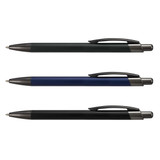 Three metal pens in green, blue, and black, each with a sleek design and a clip for convenience.