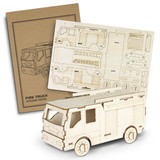 A wooden fire truck model in a light colour, accompanied by its laser-cut assembly parts and instructions.