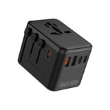 A compact black 35W GaN universal travel adapter with multiple USB ports and a power outlet. It features a logo.