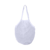 A white mesh grocery bag with an inner layer and two handles. The bag is crafted from a netted design.