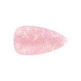 A teardrop-shaped, iridescent hair clip in soft pink, featuring a glossy finish. It includes a branding logo.