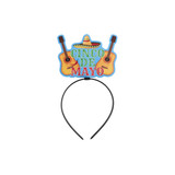 A festive headband featuring a colourful "Cinco de Mayo" design with guitars and a sombrero on top.