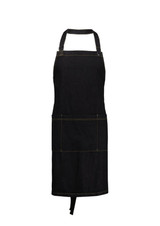 A black apron with a simple design, featuring pockets and a neck strap. It has visible stitching details.
