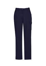A pair of women's navy comfort waist cargo pants with multiple pockets and a branded label.