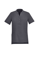 A dark grey women's tunic with a mandarin collar, short sleeves, and front pockets, featuring buttons and a logo.