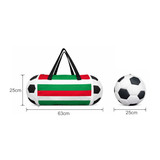 A foldable duffel bag in red, green, and white with black accents, beside a soccer ball. The bag features handles and a logo.