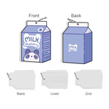 Custom shape index cards in blue and white, featuring a milk carton design with a panda and different paper types: blank, lined, and grid.
