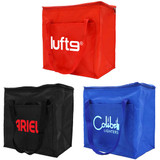 Three insulated grocery bags in red, black, and blue, featuring handles and logos on the front.
