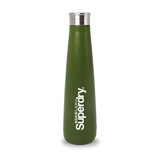 A drink bottle in a green finish with a stainless steel lid and a logo.