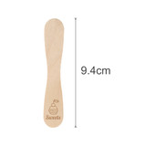 A pack of 100 wooden ice cream spoons, each 9.4cm long, featuring a light wood colour and a logo design.