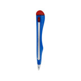 A blue ballpoint pen designed in the shape of a knife, featuring a red cap and a silver clip.