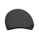 A black silicone swimming cap with a textured surface featuring water droplet patterns. Includes branding.