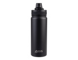 A drink bottle with a sleek black finish and a quick release cap, featuring a logo on the body.