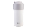 A drink bottle in white with a grey lid, featuring a logo on the side.