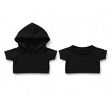 A set of two black plush toy outfits, including a hooded top and a short-sleeve top, both featuring a simple design.