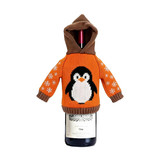A drink bottle covered with a customisable knitted wine bottle cover featuring a penguin design and a brown hood.
