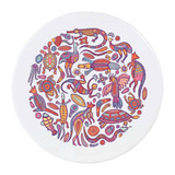A circular ceramic coaster featuring vibrant Aboriginal-style artwork with various animal motifs and intricate patterns.