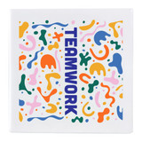 A square ceramic coaster featuring a vibrant, abstract design with the word "TEAMWORK" in bold blue.